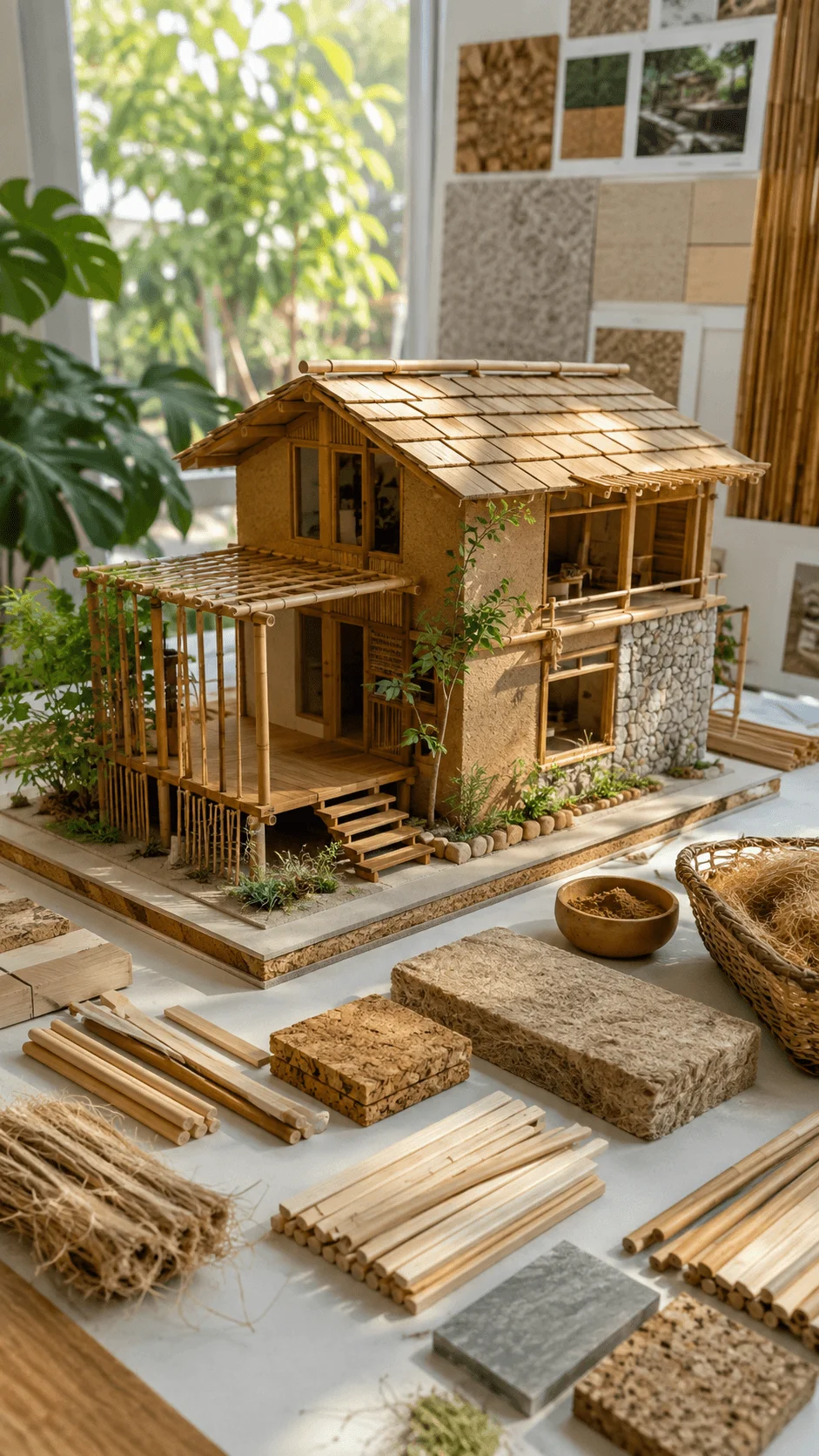 Natural and bio based building materials including bamboo cork stone and plant fibers used to create a sustainable house model