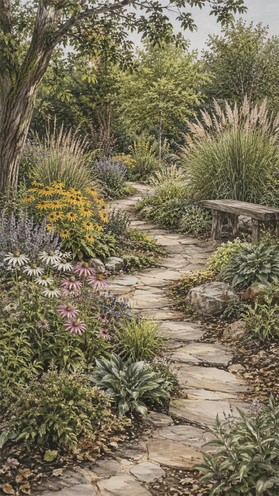 Naturalistic garden with winding stone path, colorful wildflowers, ornamental grasses, mature trees, natural rocks and rustic wooden bench