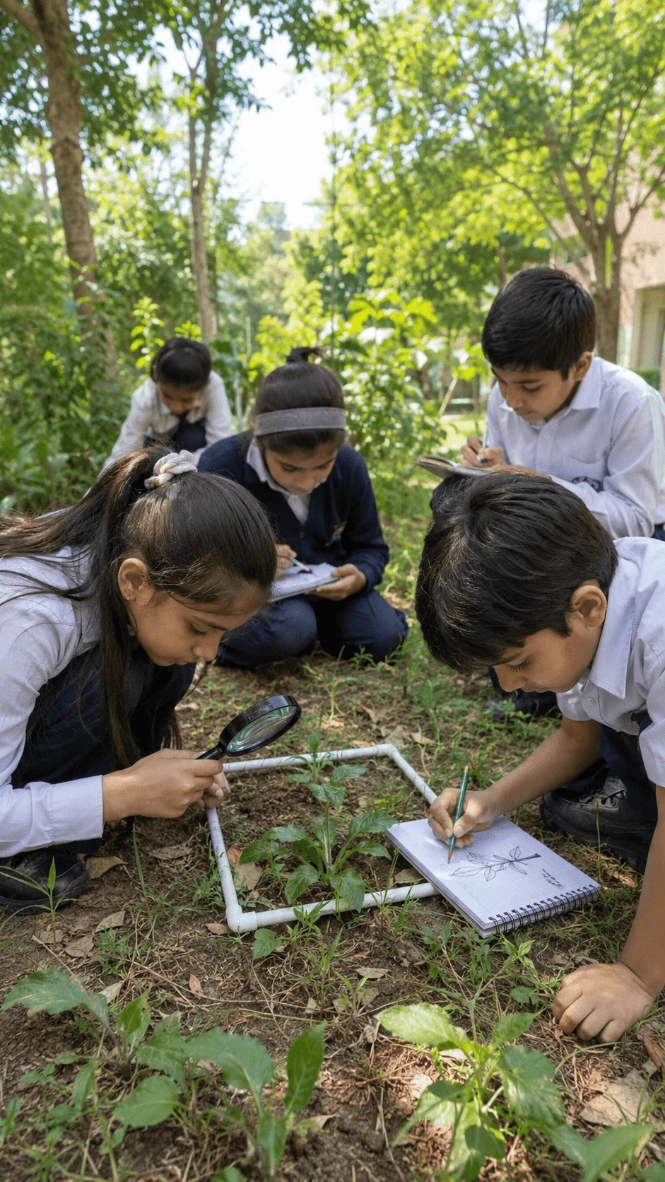 Students observing plants with a magnifying glass and recording findings during a school biodiversity survey