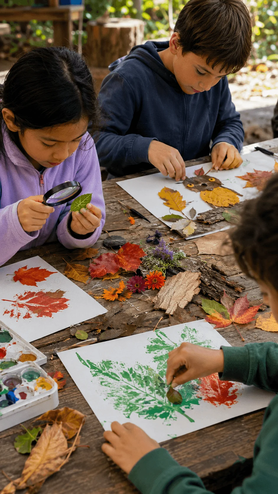 Students creating nature crafts with fallen leaves flowers bark and leaf printing during an outdoor eco friendly art activity