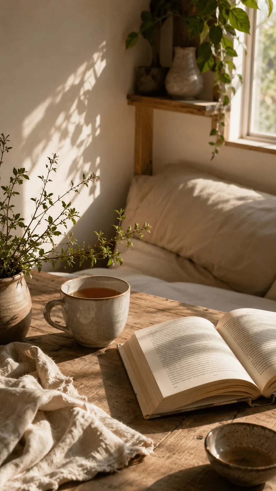 Nature inspired slow living photography featuring an open book ceramic tea cup natural linen wooden table and green plants in warm sunlight