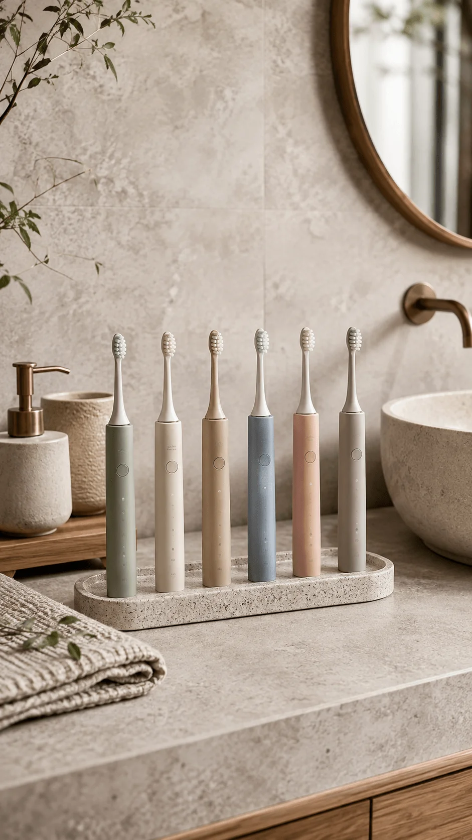 Nature inspired electric toothbrushes in neutral pastel colors displayed on a stone tray in a modern minimalist bathroom