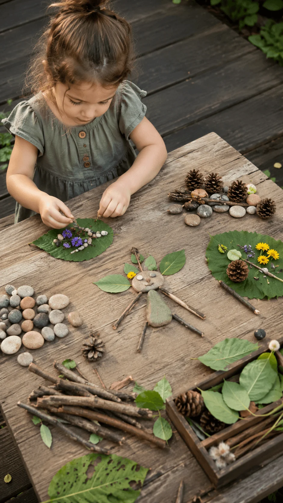 A young child creating nature art with leaves, flowers, pinecones, stones, and twigs on a rustic wooden table outdoors