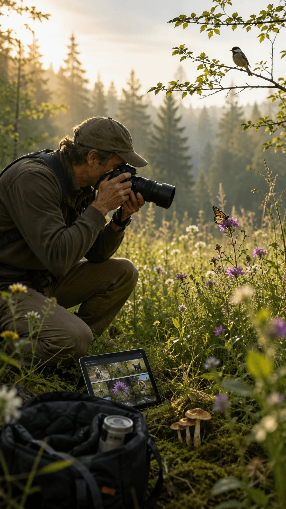 Wildlife photographer capturing a butterfly among wildflowers in a peaceful forest meadow during golden hour