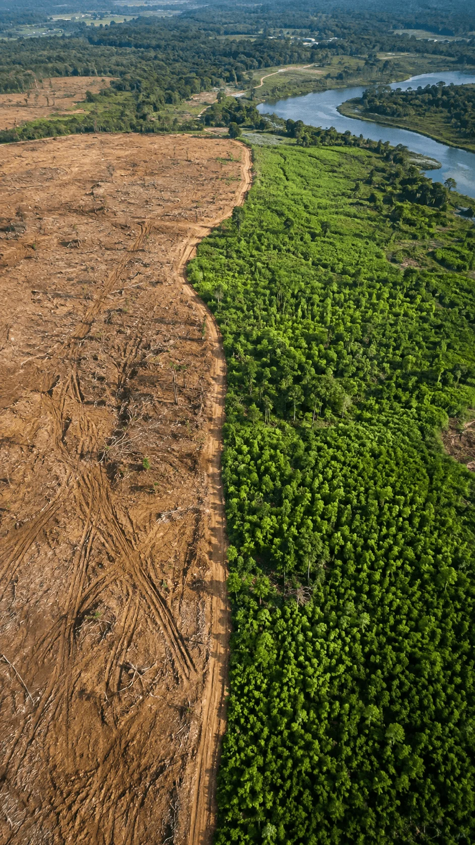 Aerial view showing a stark contrast between a cleared brown landscape and dense green forest beside a winding river, illustrating deforestation and nature restoration.