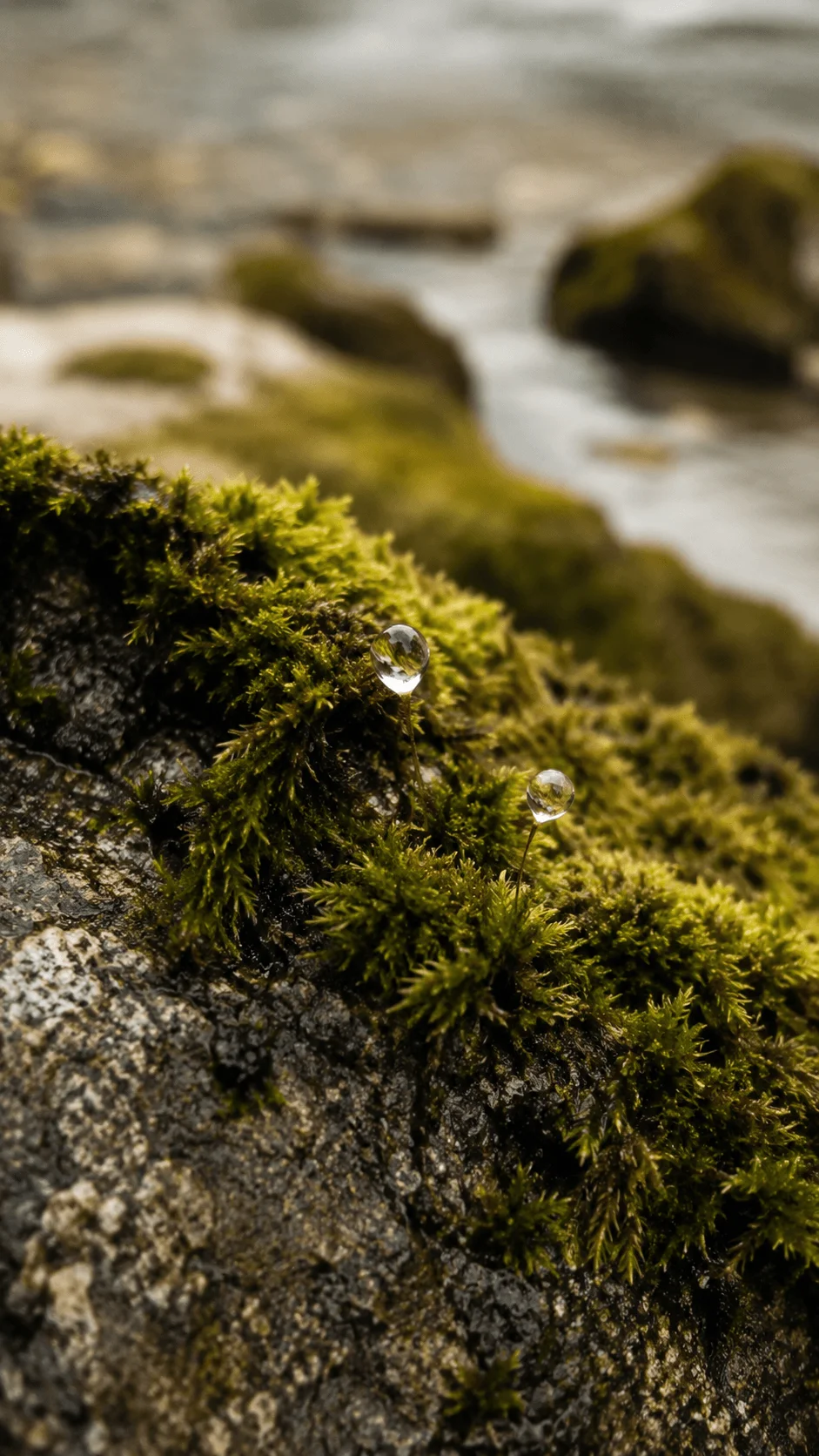 Macro photograph of vibrant green moss growing on a textured rock with water droplets and a softly blurred coastal background