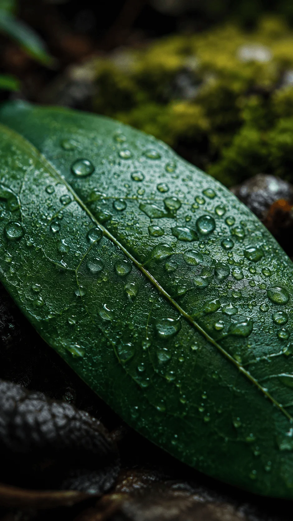 Nature texture and macro photography showing a close up green leaf covered with water droplets against a blurred natural background.