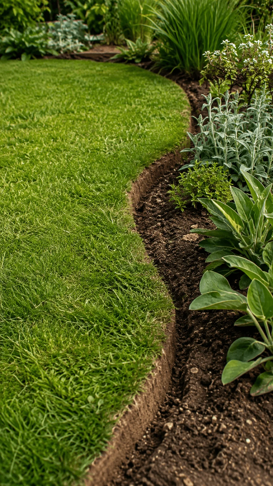 Spade cut garden border with a clean curved lawn edge dark soil and lush green plants