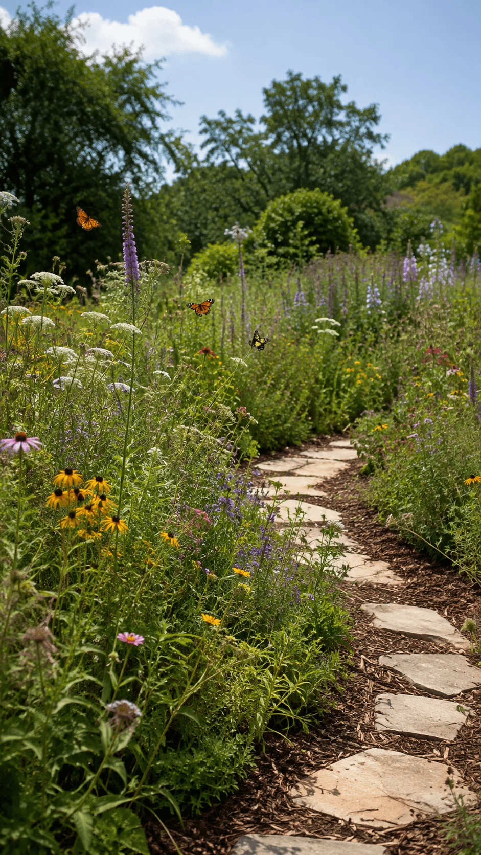 No mow wildflower garden with a natural stone path surrounded by colorful native flowers tall grasses and butterflies
