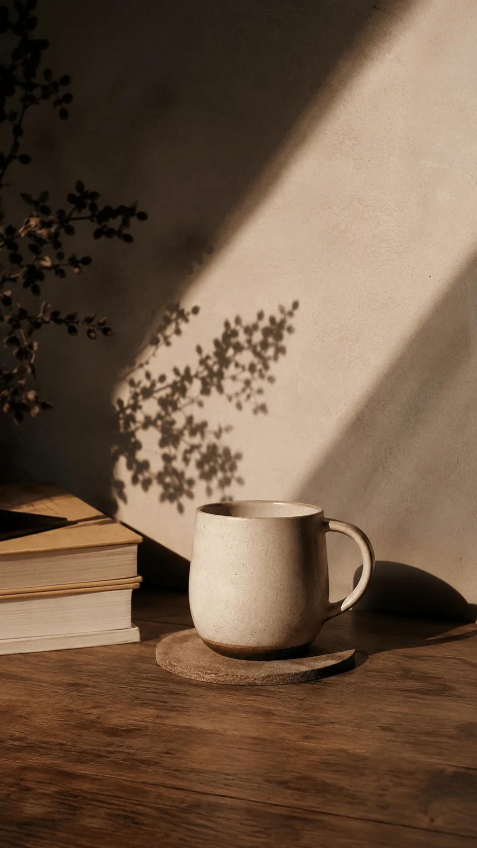Ceramic mug on a wooden table with a single directional beam of sunlight casting strong botanical shadows on the wall beside stacked books