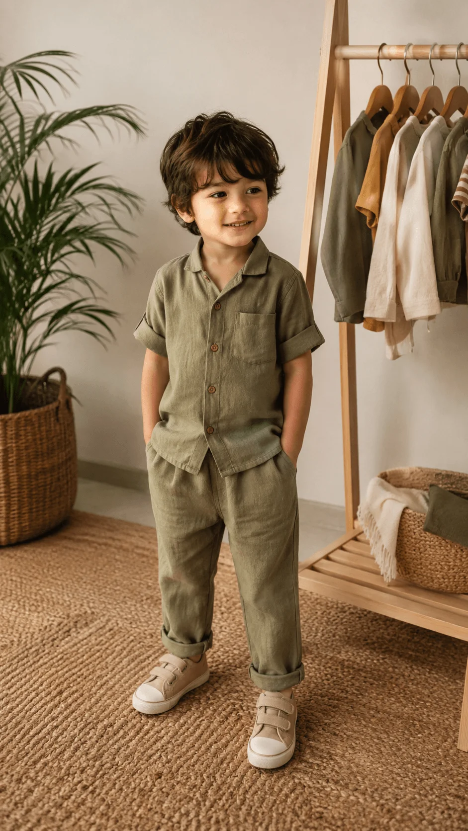 Organic cotton co ord outfit for kids featuring a child wearing a comfortable olive green shirt and matching pants in a natural setting