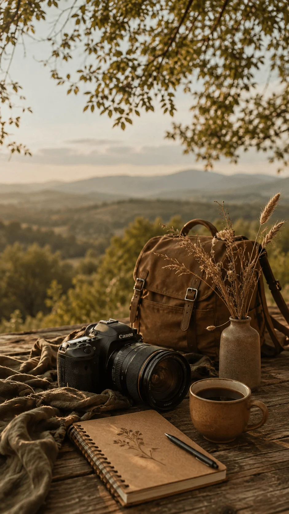 Organic earth tone photography setup with camera, rustic backpack, ceramic coffee cup, dried flowers, and natural textures in a warm outdoor landscape.