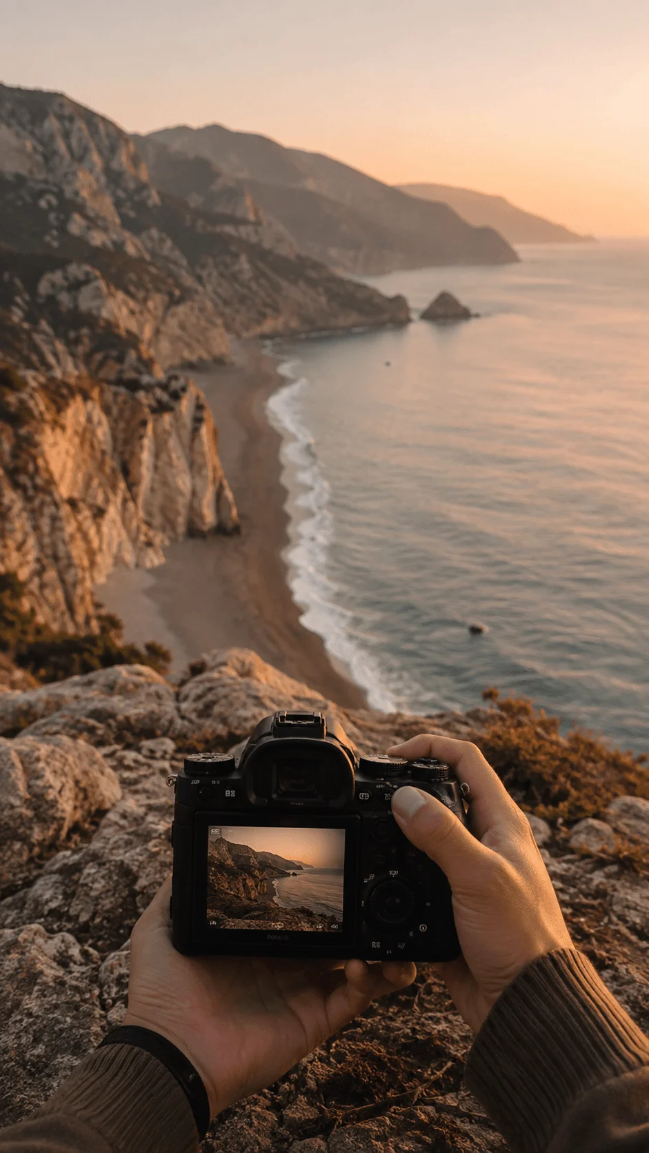 Organic earth tone travel photography capturing a peaceful coastal landscape at sunset with a camera