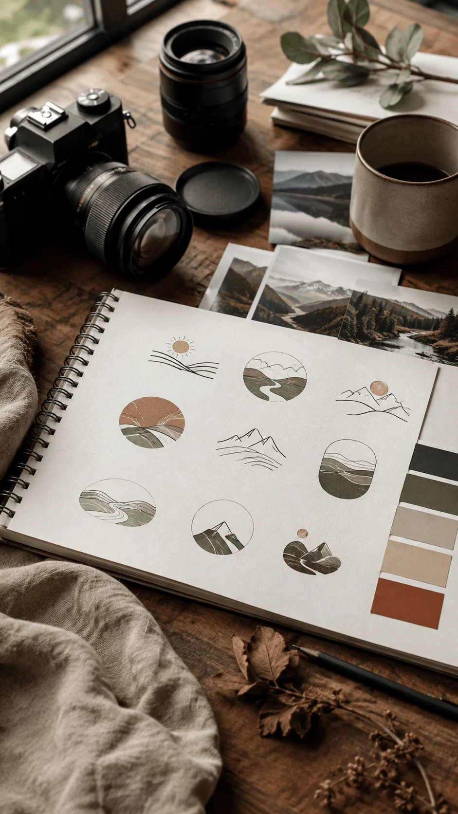 Organic Earthmark logo sketches featuring mountains, rivers, landscapes, and natural elements beside a camera, photographs, and earthy design materials on a wooden workspace
