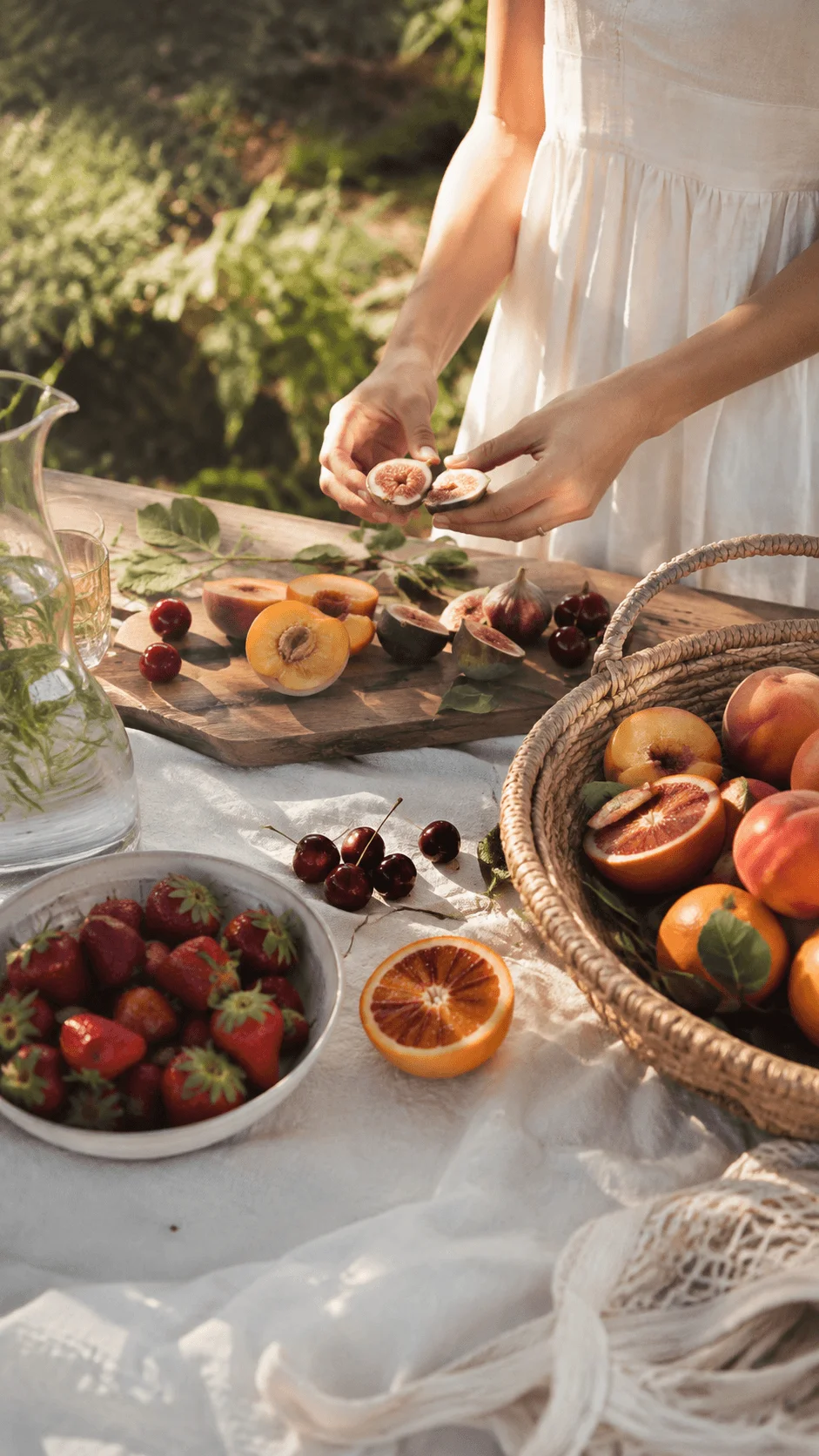 Woman preparing fresh organic summer fruits including figs, peaches, cherries, strawberries, and oranges on a rustic outdoor table.
