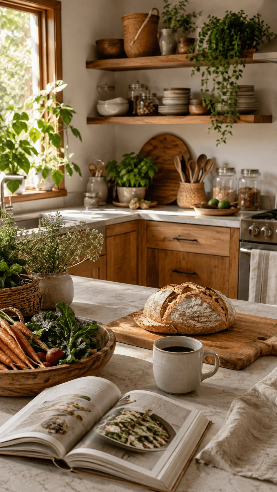 Organic kitchen interior with wooden cabinets fresh vegetables bread coffee cup plants and natural sunlight creating a sustainable home atmosphere
