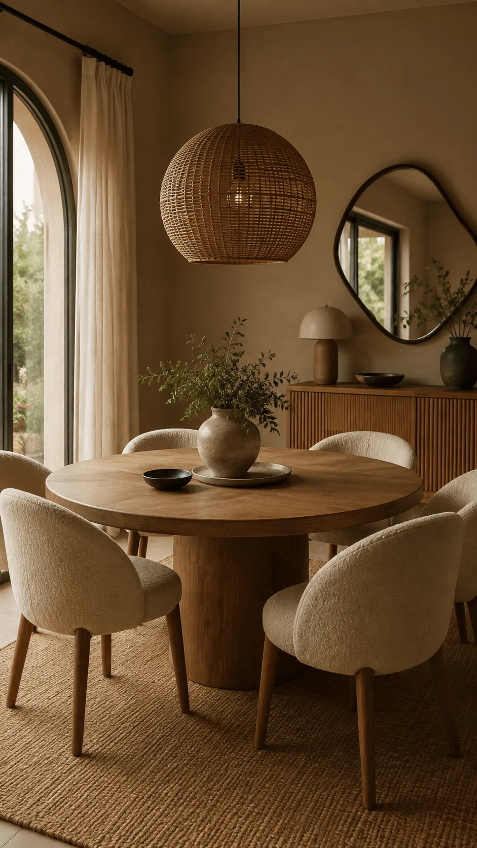 Organic modern dining room with round wooden table curved cream chairs woven pendant light natural fiber rug and sculptural mirror