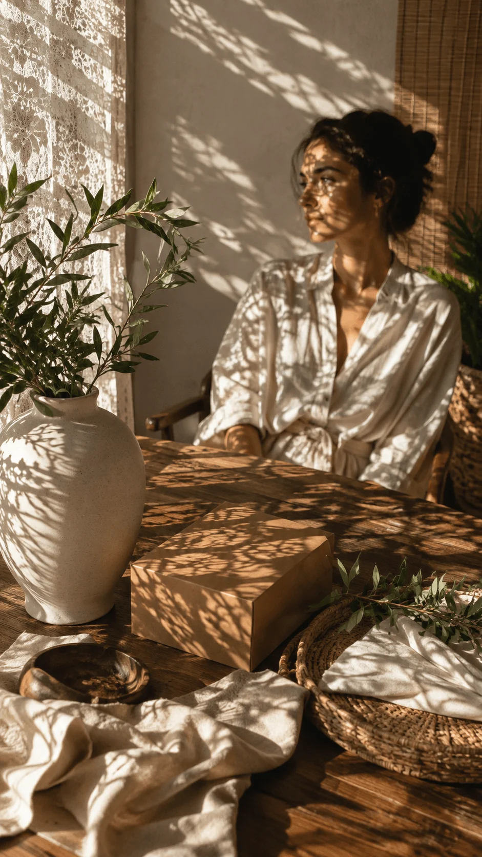 Organic shadow photography with natural leaf patterns casting shadows on a woman white clothing wooden table ceramic vase and earthy home decor elements