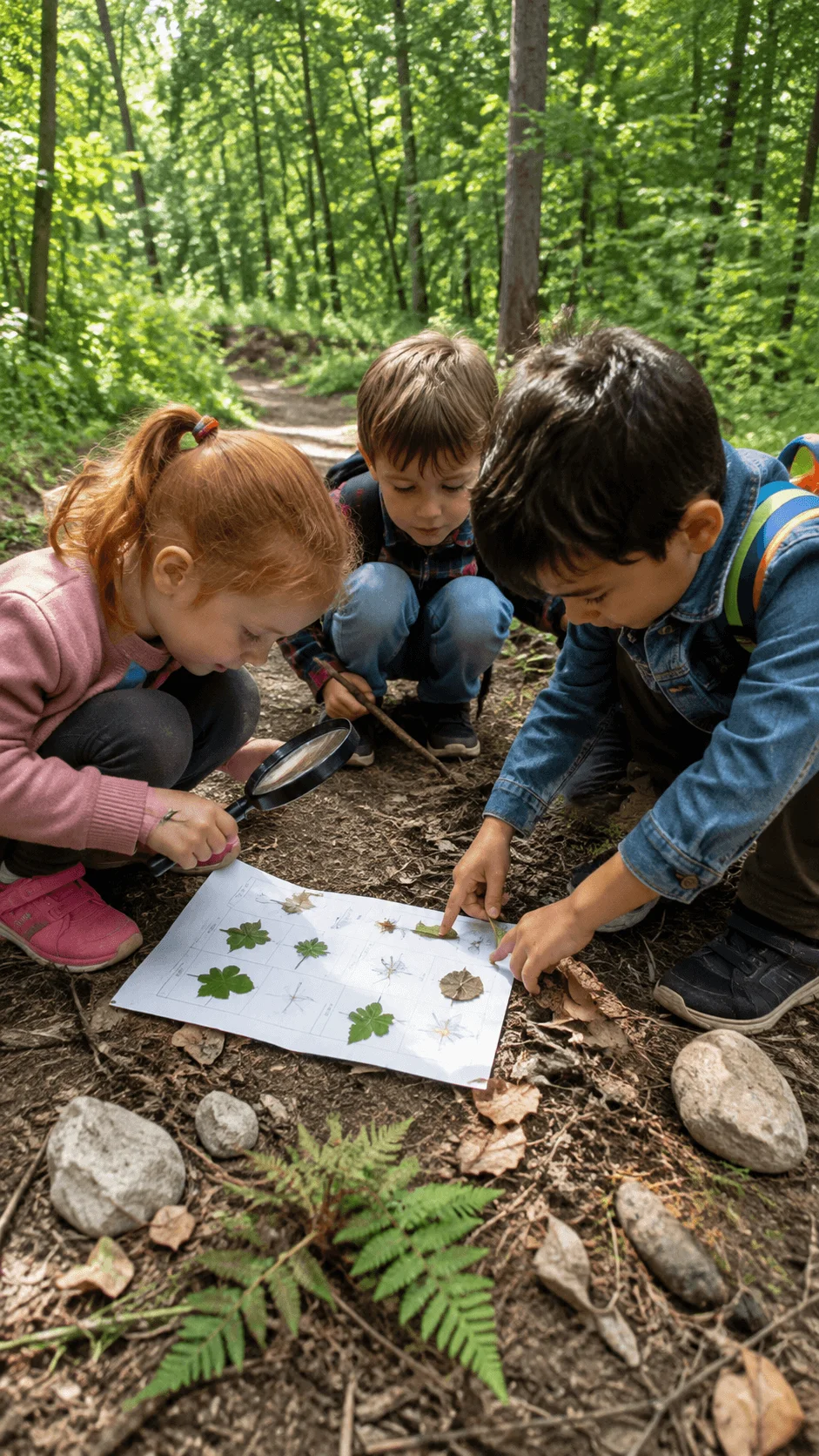 Children enjoying a nature treasure hunt in the forest while examining leaves and natural objects with a magnifying glass