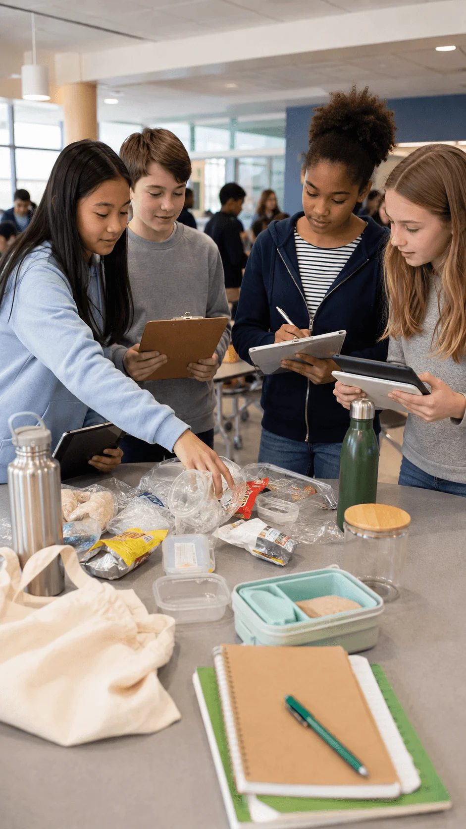 Students identifying single use plastic items and comparing them with reusable alternatives during a plastic free school week activity