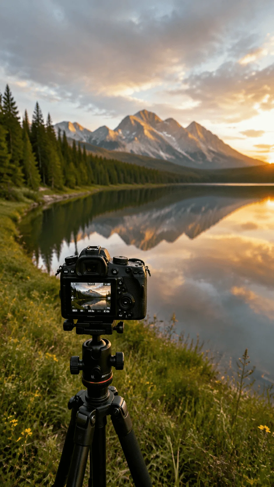 Outdoor photography composition featuring a camera on a tripod capturing a mountain lake landscape with forest reflections and golden sunset light