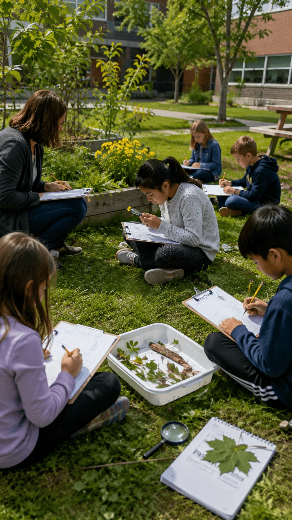 Students observing plants and recording nature findings during an outdoor sustainability classroom activity