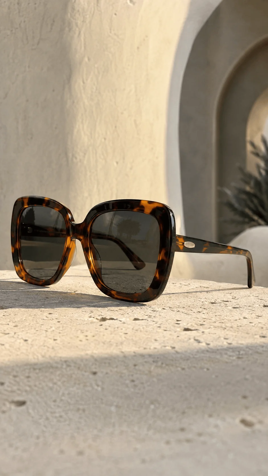 Oversized sustainable tortoiseshell eyewear displayed on a sunlit stone surface with warm neutral architecture