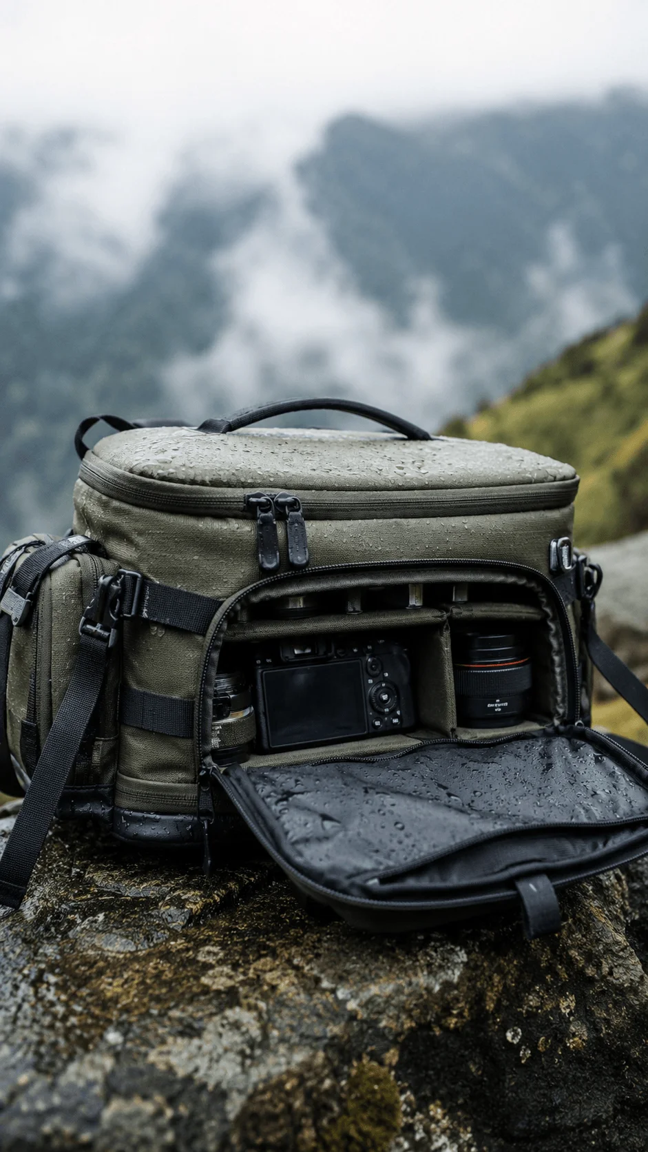 Weather resistant camera bag with water droplets, camera and lens compartments on a rocky mountain overlook