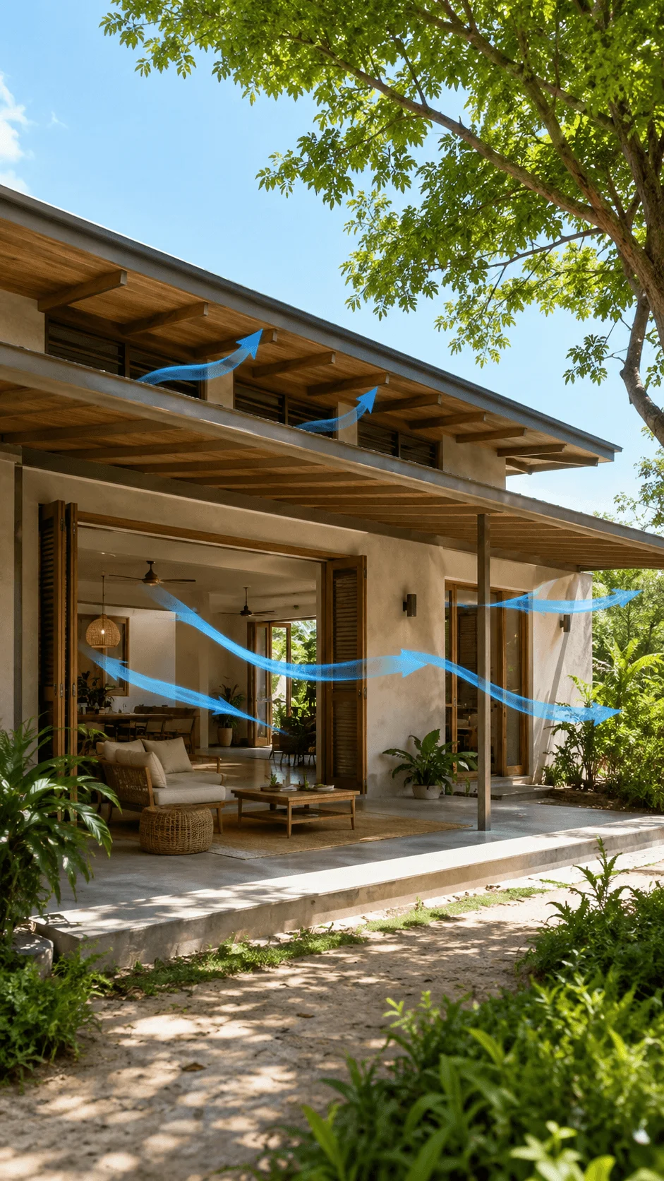 Passive cooling house design with natural ventilation shaded outdoor spaces and airflow arrows showing fresh air movement