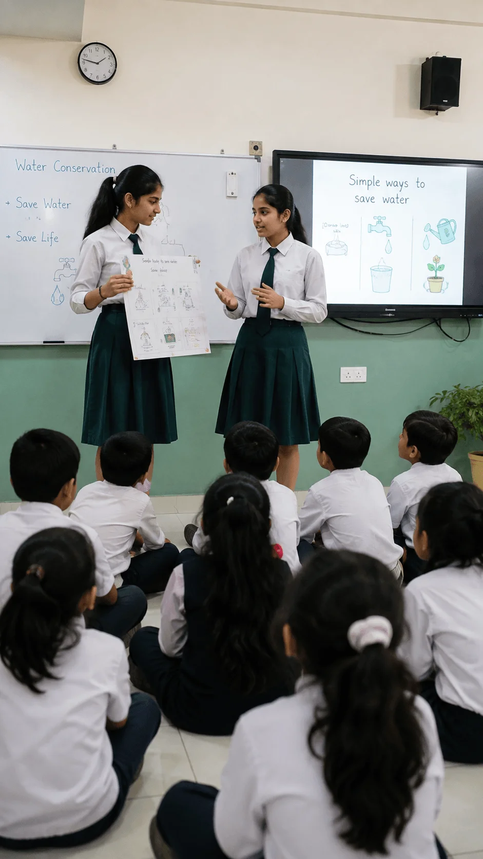 Students teaching their classmates about water conservation through a classroom presentation and poster on simple ways to save water