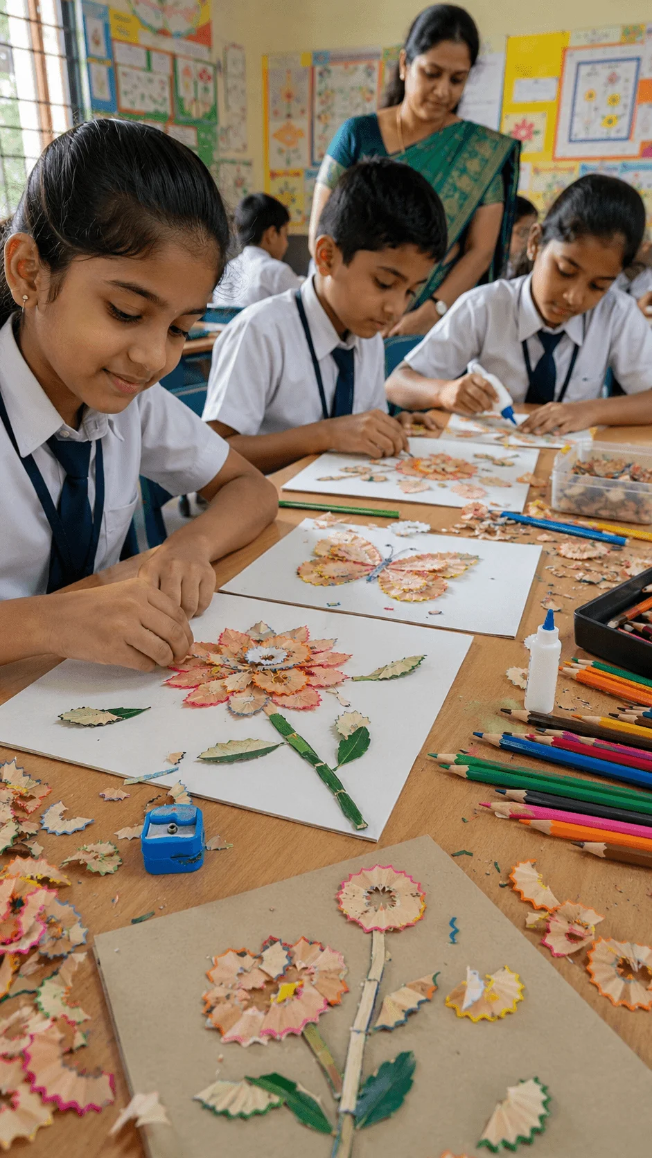 Students creating colorful flower art from recycled pencil shavings during a classroom craft activity