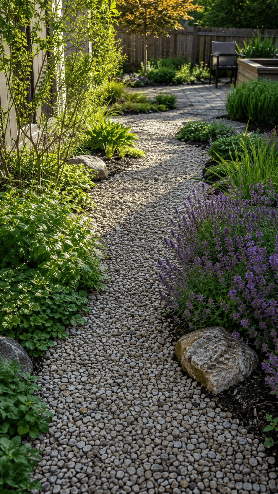Permeable garden landscaping with gravel pathway native plants decorative rocks and water friendly drainage design