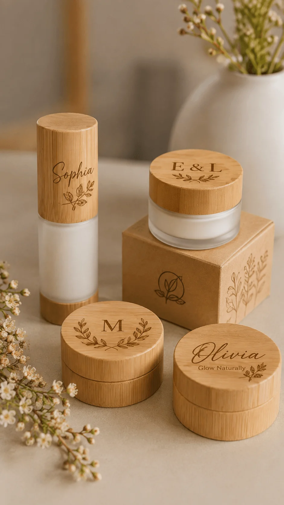Personalized bamboo cosmetic packaging with engraved names initials and botanical designs on skincare bottles and jars