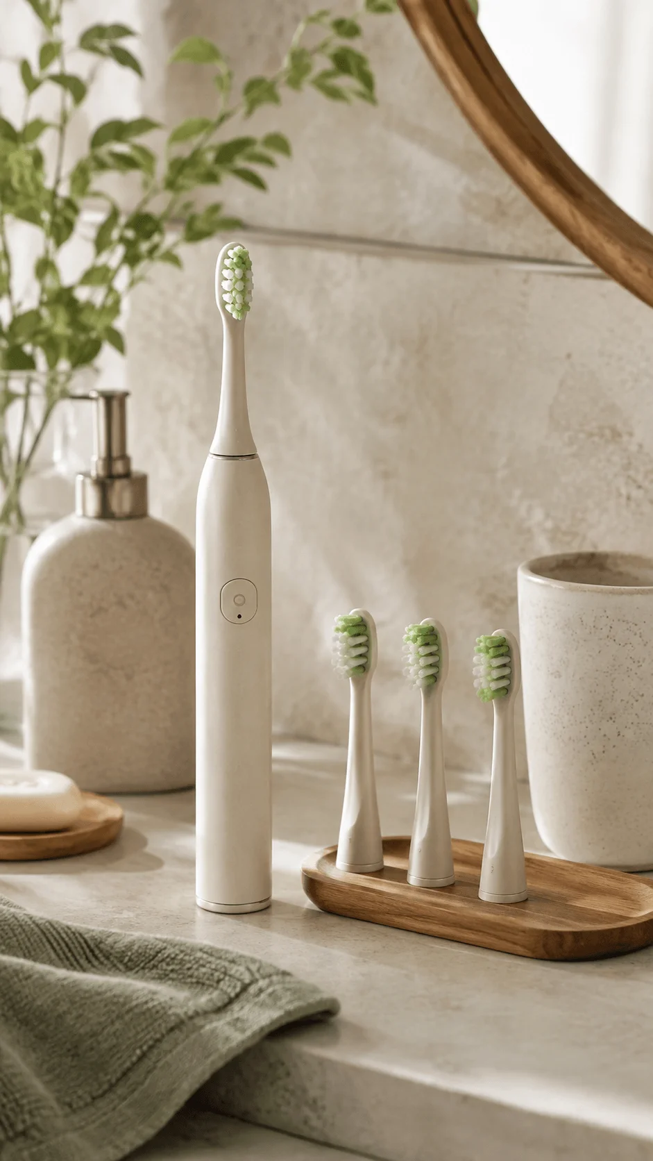Plant based electric toothbrush with green bristles and three replacement brush heads displayed on a wooden tray in a natural minimalist bathroom