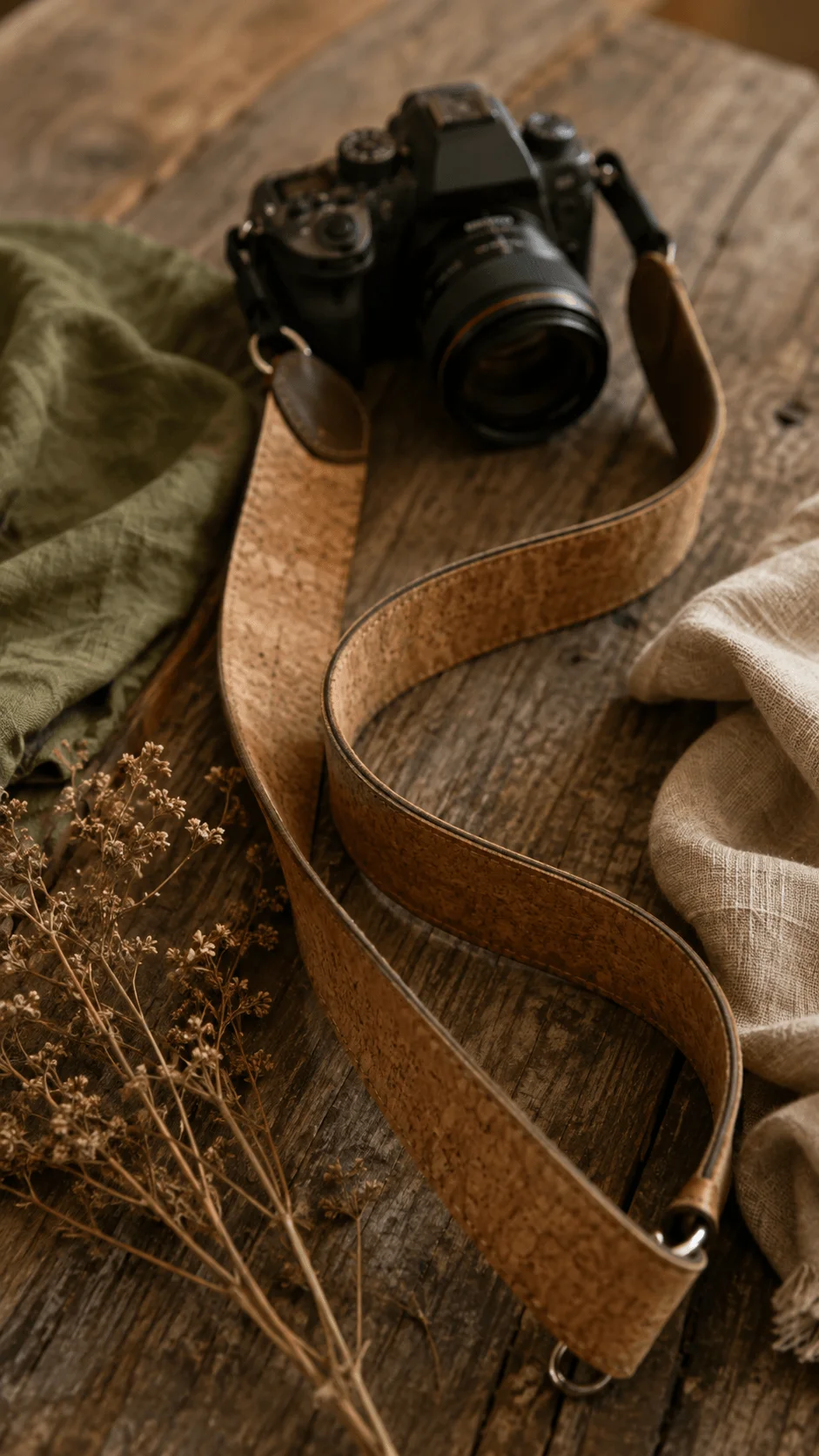 Plant based and recycled camera strap with a black camera on a rustic wooden surface, surrounded by dried flowers and natural fabric in warm earthy tones