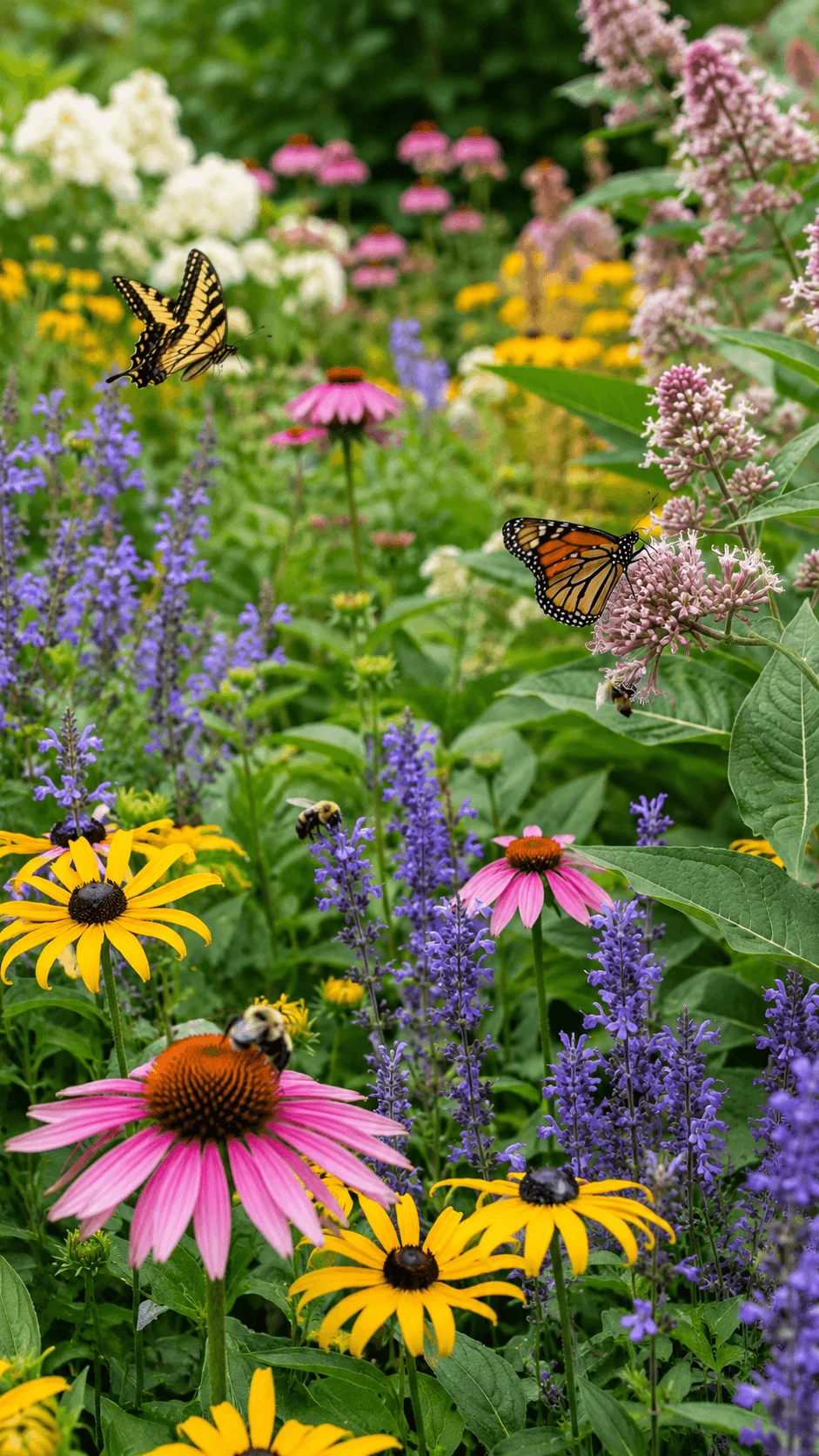 Pollinator friendly garden filled with colorful wildflowers butterflies and bees feeding on pink yellow purple and white flowers