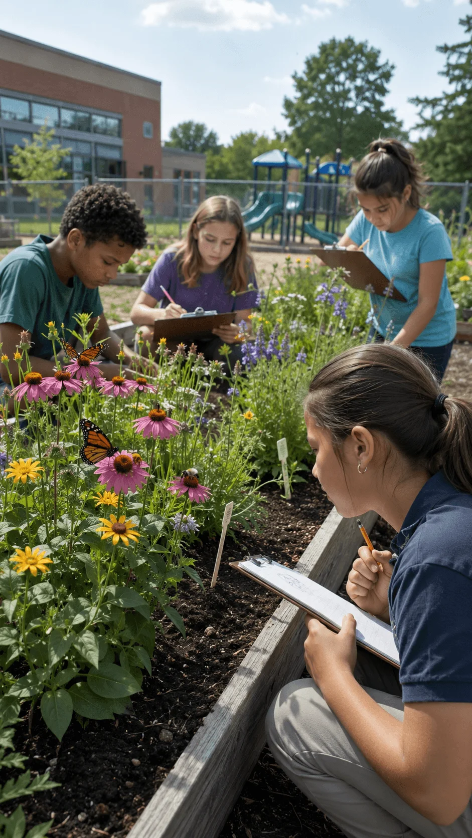 Students observing butterflies and pollinators in a colorful pollinator friendly school garden while recording their findings on clipboards