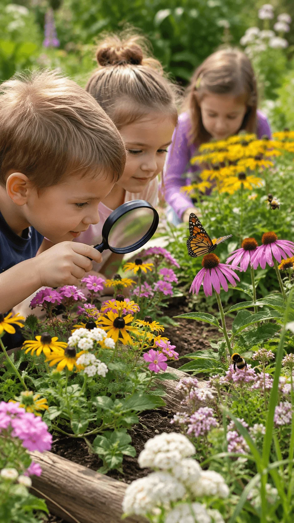 Children exploring a pollinator garden with flowers butterflies and bees using a magnifying glass
