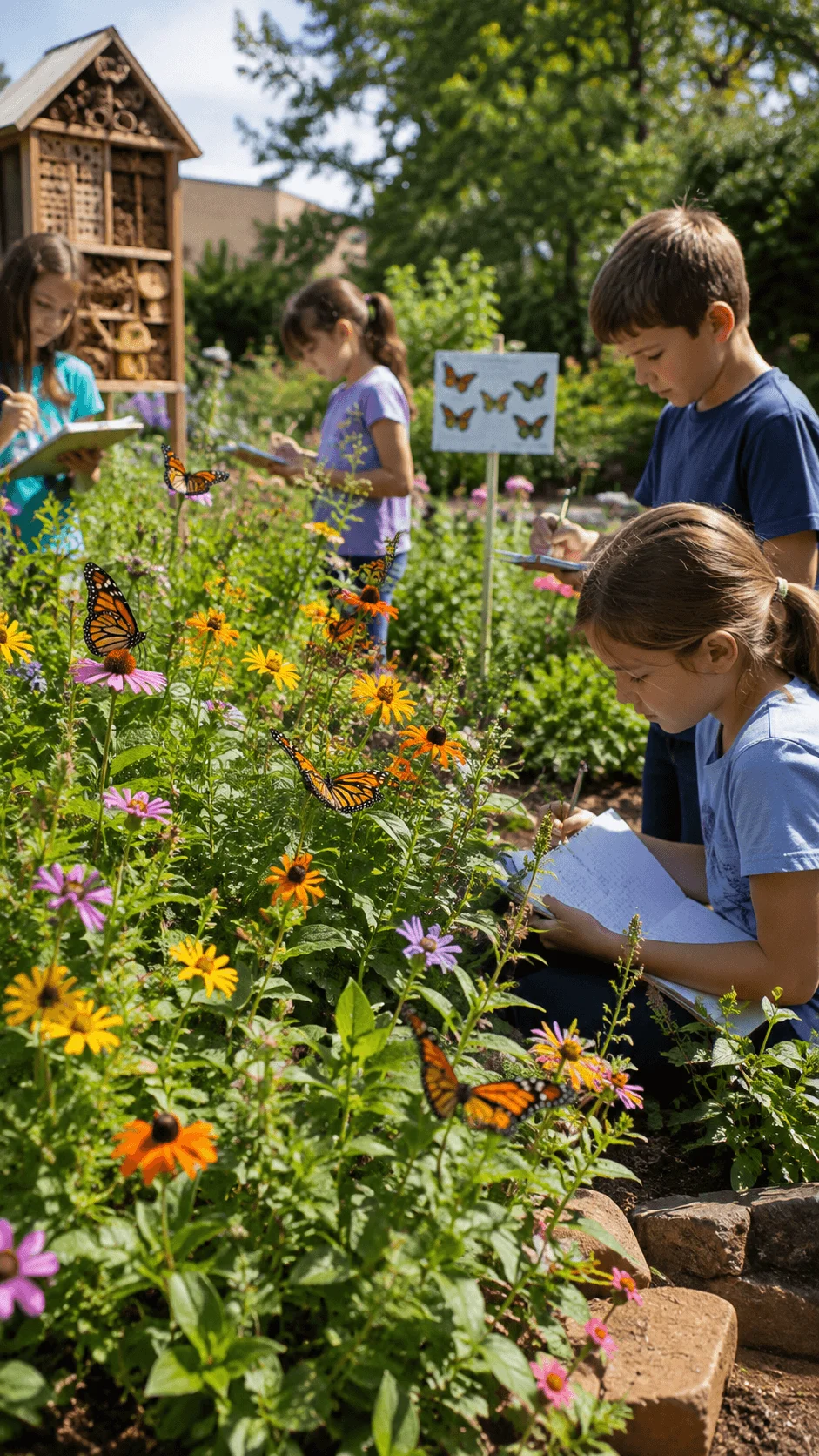 Students observing butterflies and pollinators in a colorful school garden while recording their observations in notebooks.