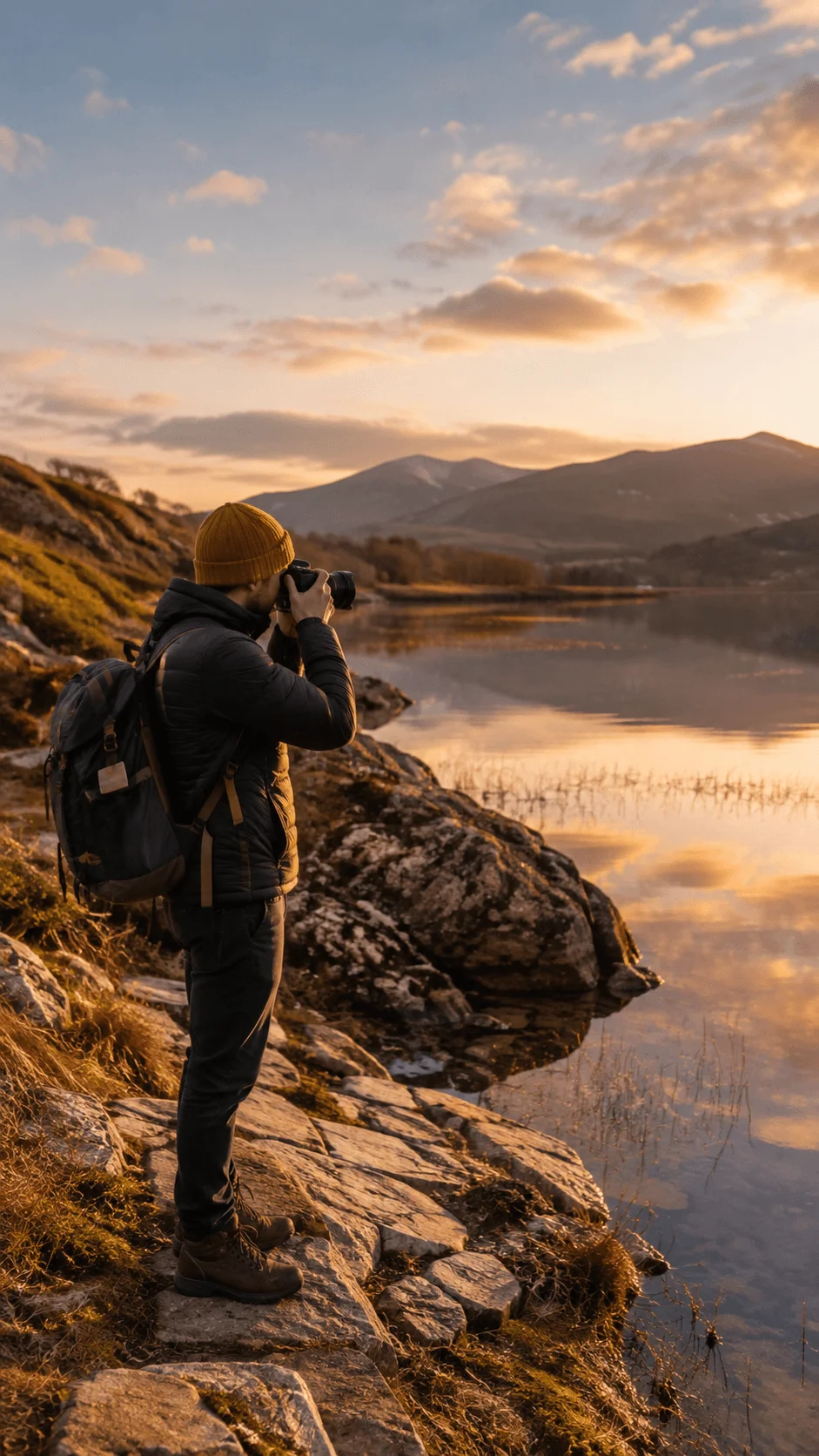 Photographer with a backpack capturing a mountain lake at sunset from a rocky shoreline