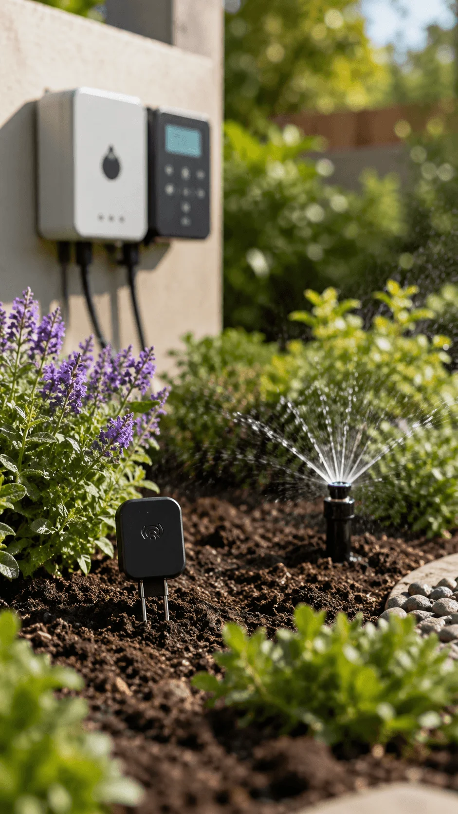 Precision gardening with smart irrigation controller soil moisture sensor and efficient watering system in a lush garden