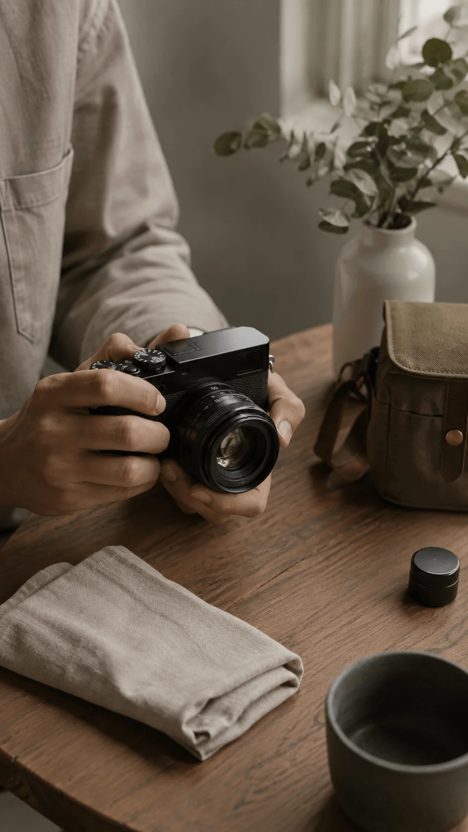 Photographer holding a compact camera with a prime lens beside a reusable cloth camera bag plant and ceramic cup on a wooden table