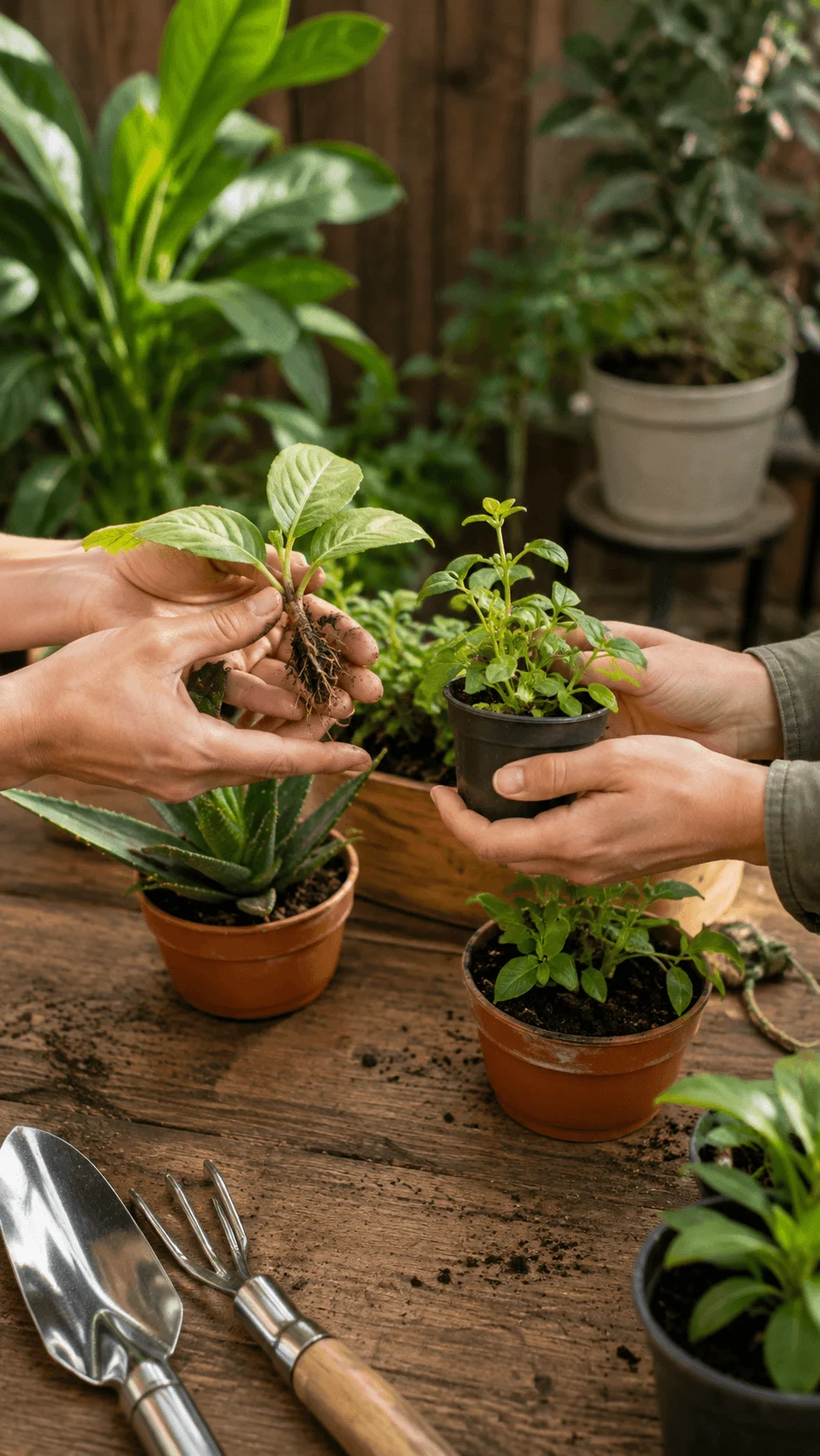 People swapping propagated plants and seedlings while gardening at a wooden table