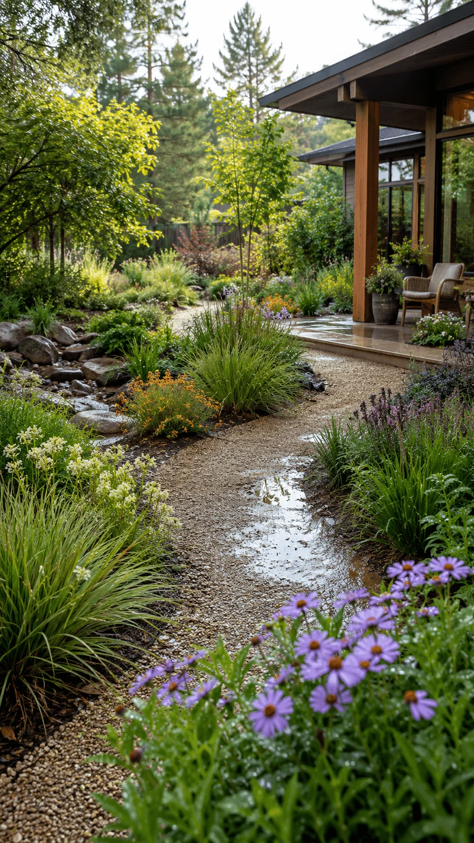 Rain friendly outdoor garden space with native plants flowing water pathway wooden home and lush greenery creating a sustainable landscape design