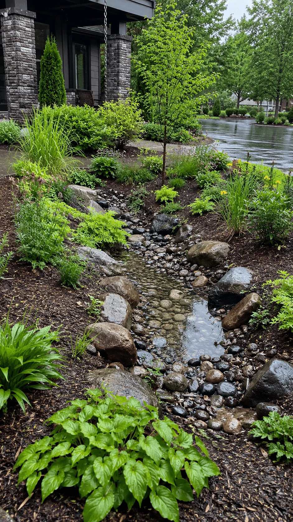 Rain garden and bioswale landscaping with native plants rocks and a shallow drainage channel managing stormwater naturally
