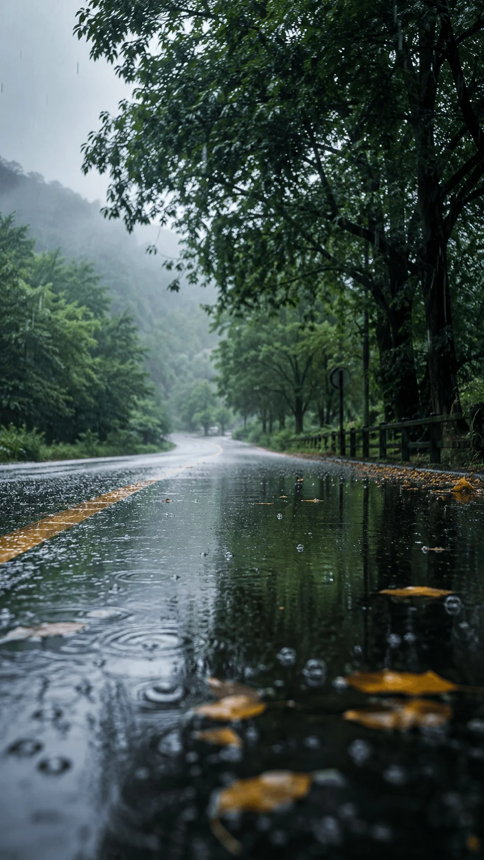 Rainy forest road with reflections, falling raindrops, wet leaves, and lush green trees in a peaceful misty landscape