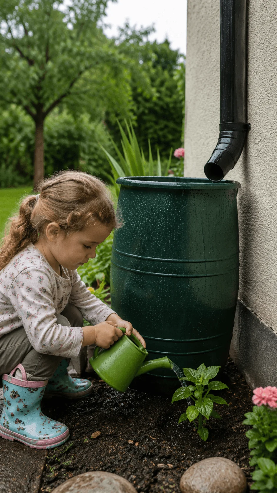 Child watering a garden plant using collected rainwater from a rain barrel