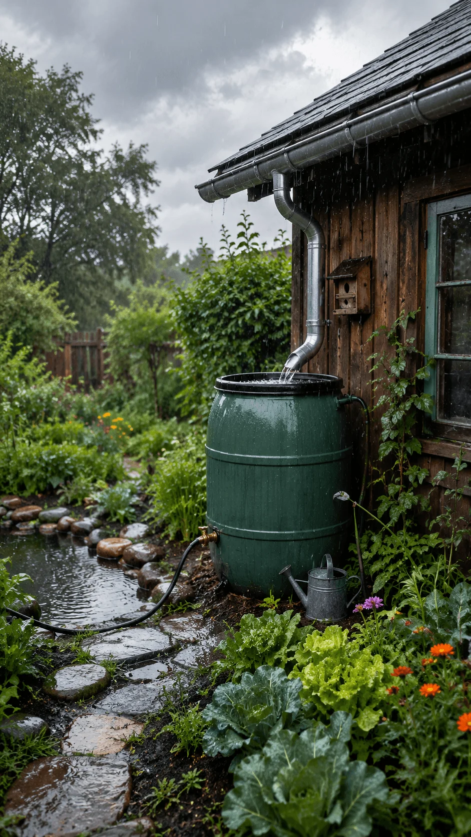 Rainwater harvesting garden with roof gutters collecting rainfall in a large barrel beside a wooden shed, surrounded by vegetables, flowers, a pond and a watering can