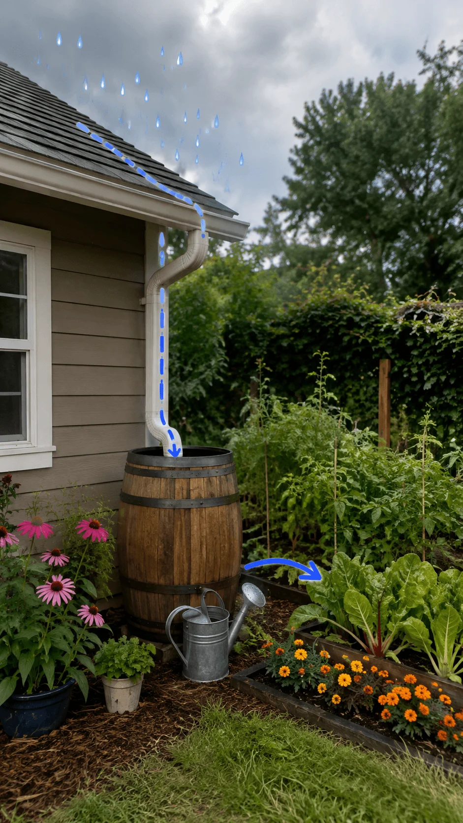 Rainwater harvesting garden with roof gutter collecting water into a wooden rain barrel beside a watering can flowers and raised vegetable beds