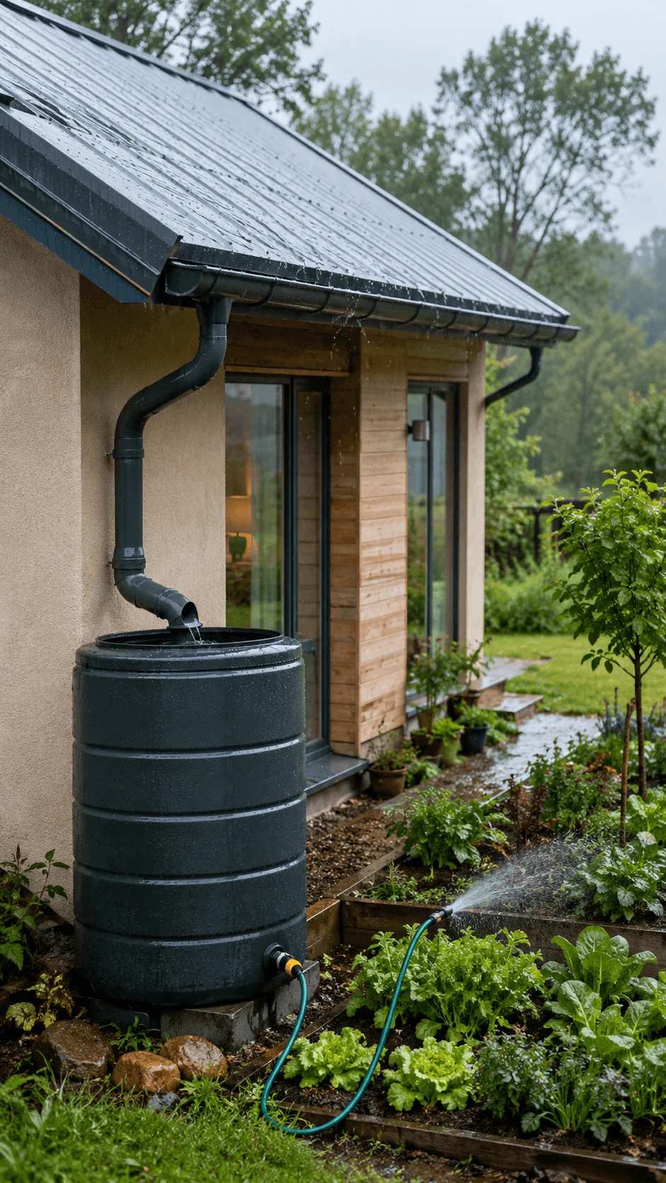 Rainwater harvesting system collecting roof runoff in a storage tank for watering an eco friendly home garden